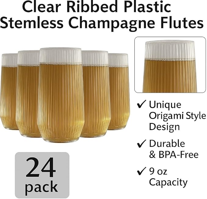 24 Pack Ribbed Ripple Stemless Toasting Glasses, Origami Durable 9 Oz BPA-Free Disposable Plastic Champagne Flutes for Weddings, Bars, Events, and Celebrations (Clear)