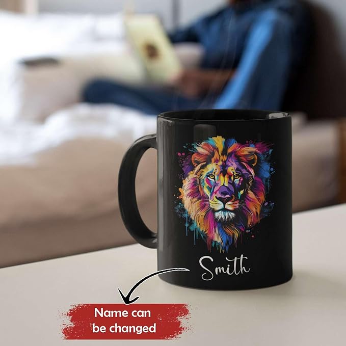 Personalized Lion Black Mug, Gift For Son Grandson, Custom Lion Coffee Cup With Name, Customized Colorful Animal Design Mug, Unique Animal Lover Cup 11oz 15oz