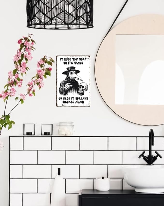 ALKB Halloween Bathroom Decor 8 x 12 Inch - Goth Plague Doctor Metal Tin Sign,Gothic Lovers Gifts,IT RUBS THE SOAP ON ITS HANDS