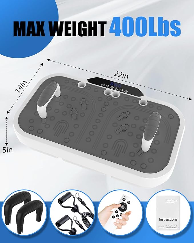 Vibration Plate Exercise Machine, 8000 Vibrations/min Adjustable Fitness Platform, 400 Lbs Capacity Whole Body Workout Extra Large Size Platform with Bluetooth for Weight Loss, Women & Men