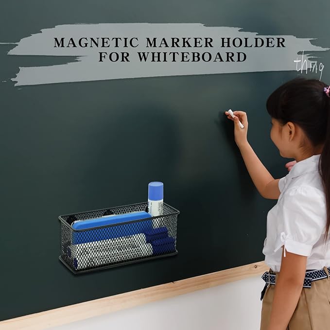 Neudeco Magnetic Locker Organizer and Accessories，Wire Mesh Magnetic Storage Basket ,Magnetic Holder for Dry Erase Markers,Strong Magnet Pen Holder for Fridge School,Pack 3 (Black)