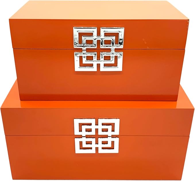 Galt International Storage Boxes - Large & Small Decorative Storage Box w/Hinged Lid - Classic Design Wood Decor Boxes with Geometric Opening Clasp - Home & Office Storage - Set of 2 (Orange)