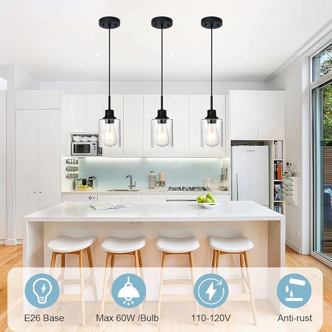 Modern Farmhouse Mini Chandeliers 3 Pack Black Pendant Lights Kitchen Island with Seeded Glass, Dining Room Lighting Fixtures Hanging Ceiling for Sink Bar Hallway Porch Corridor Bedroom