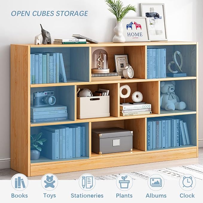 IOTXY Open Shelf Low Bookcase - Wooden 3-Tier Floor Standing Display Cabinet Organizer with Base, 7 Cubes Short Horizontal Bookshelf in Tiffany-Green