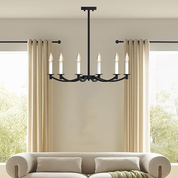 Modern Black Chandelier, Round LED Ceiling Hanging Lamp, Farmhouse Candle Pendant Light Fixtures for Bedroom Living Room Dining Room Kitchen Island (Black-A 6Lights)