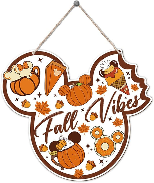 Fall Vibes Door Hanger, Fall Mouse Welcome Door Sign, Wooden Maple Leaves Mushroom Hanging Decor for Front Door, Fall Wood Wreath Wall Decors for Autumn Harvest Thanksgiving Home Decor