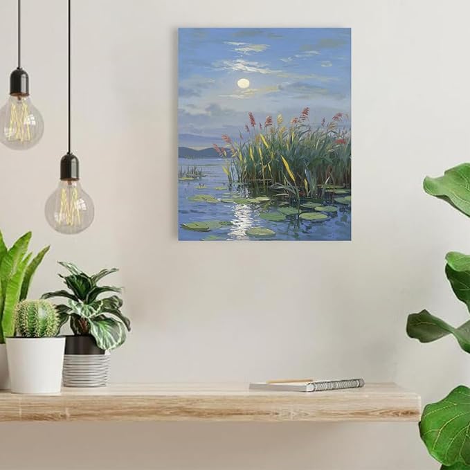 Landscape poster artwork art poster natural landscape painting reed marsh under the moonlight suitable for living room bedroom home wall