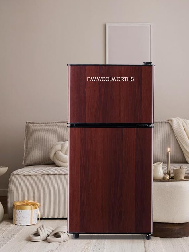 3.5 Cu.Ft Mini Fridge with Freezer, Compact Refrigerator with 2 Doors for Office, Kitchen, Dorm and Bedroom, Small Fridge with 7 Level Temp Adjustable Thermostat, Wood