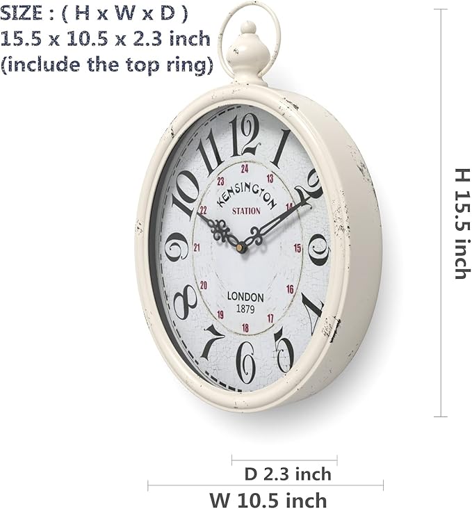 Menterry Oval Retro Wall Clock, Rustic Vintage Style, White Antique Design, Battery Operated Silent Decor Large Wall Clocks for Kitchen,Farmhouse,Office (15.5" H x 10.5" W)