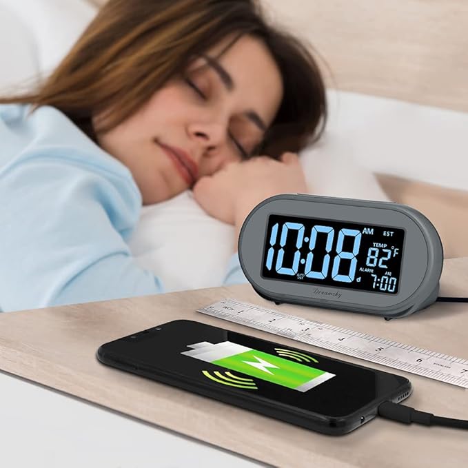 DreamSky Alarm Clocks for Bedrooms, Auto Set Digital Desk Clock for Bedside Nightstand, Electric Clock with Dimmable Brightness Dimmer, Auto DST, USB Port, Date, Temperature, Snooze