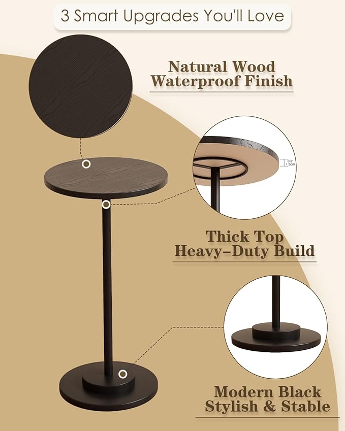 Masupu Drink Table, Round Side Table for Small Spaces, Pedestal Side Table, Small End Table with Metal Base, for Living Room, Bedroom, Bathroom, Black