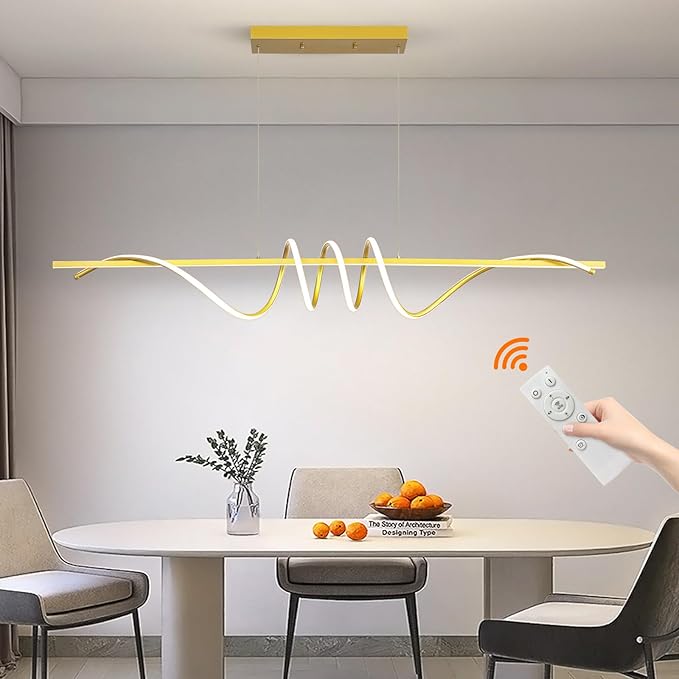 Modern Design Dimmable Desk Linear Pendant Light, with Remote Control Dimmable 3 Color Mode & Brightness Ceiling Lamp, Anti-Flicker Dining Light Fixture for Kitchen, Dining Room (Gold, 57IN)