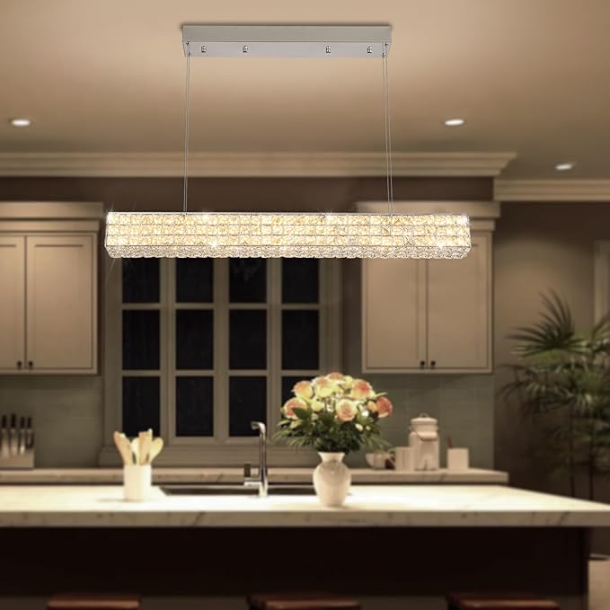 Modern Crystal Chandelier Silver Rectangular Crystal Chandelier Contemporary Linear Pendant Ceiling Light Fixture for Living Dining Room Kitchen Island (L 40")