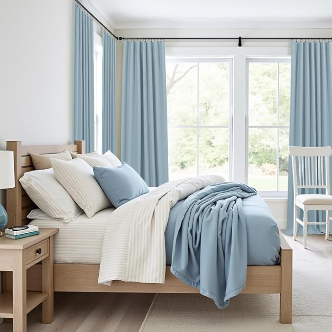 Total Blackout Linen Curtains 96 Inches Long for Bedroom 8 Foot Tall Heavy Thermal Rustic Country Light Blue Black Out Curtains for Living Room Window Drapes Stone Blue Gray Greyish Back Tab 2 Panels