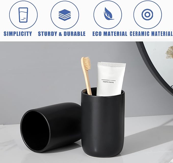 Matte Black Toothbrush Holders for Bathrooms - 2 Cups Ceramic Toothbrush Toothpaste Holders Set, Black Bathroom Tumbler Cups Reusable Toothbrush Cup Black Mouthwash Cup, Bathroom Counter Organizer