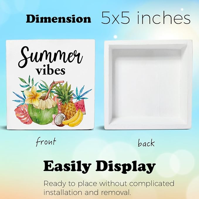Oqtumes Summer Vibes Decorations Fruit Wooden Sign Rustic Home Decor 5 x 5 Inches