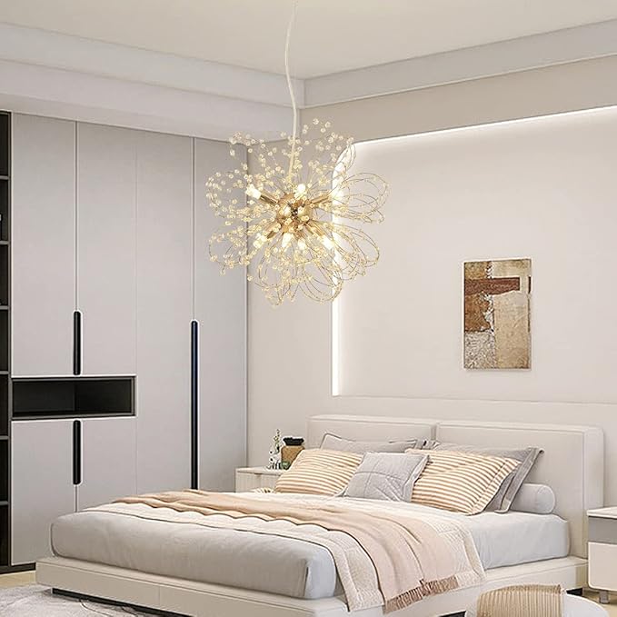 Modern Gold Chandelier Crystals, Sputnik Sunflower Beaded Hanging Lamp, Small Dandelion Pendant Light Fixtures for Kitchen Island Dining Room Bedroom Entryway (Gold 8Lights)