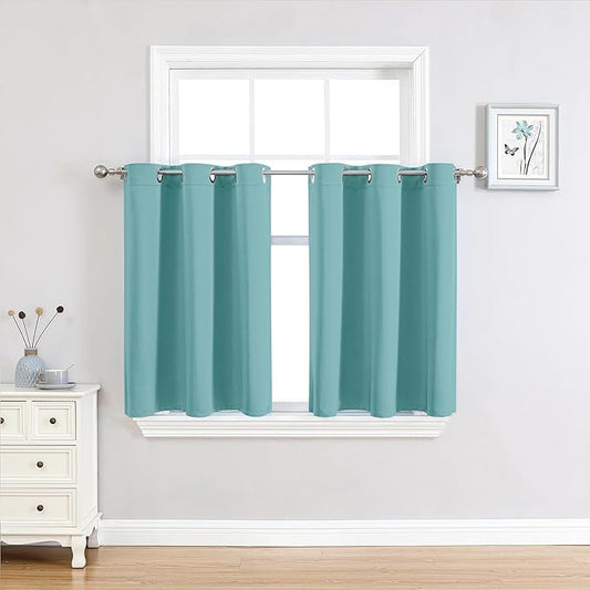 ChrisDowa Small Window Curtains 36 inches Long for Bedroom - Grommet Short Thermal Insulated Room Darkening Curtains for Kitchen (2 Panels, Aqua, 42 x 36 Inch)
