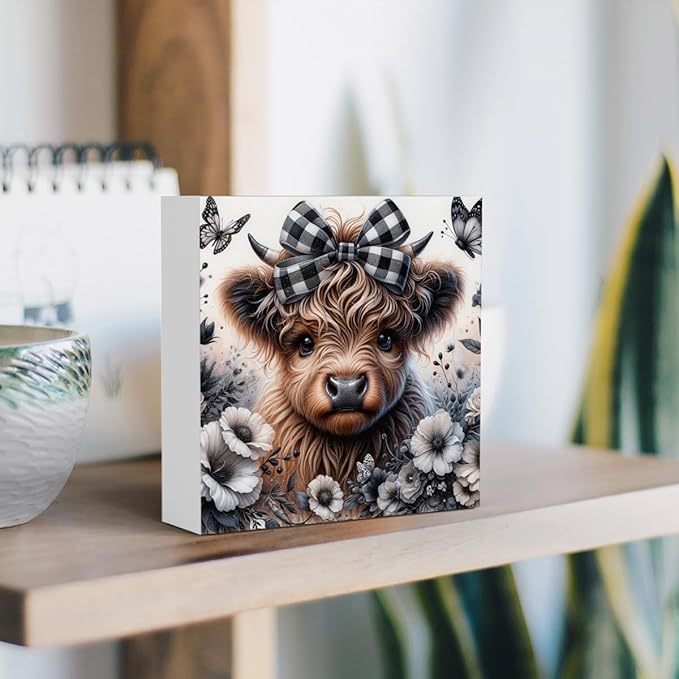 Highland Cow Decor, Highland Cow Gifts for women, Highland Cow Nursery Decor, Wooden Box Decor Sign for Home Farmhouse Office Living Room Table Shelf Tiered