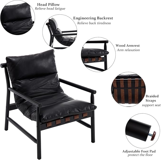 Kmax Modern Sling Accent Chairs Set of 2 Upholstered PU Leather Living Room Chairs Solid Wood Frame Arm Chairs Comfy Lounge Chairsfor Bedroom, Reading Room, Black