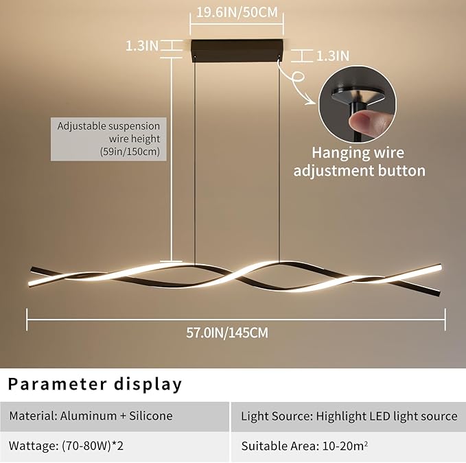 Modern Ceiling Chandelier Light, Acrylic Anti Flicker Pendant Lamp with Remote Control Dimmable 3 Color Mode & Brightness (Warm Cool Neutral Light) for Kitchen Bar Walnut 57in