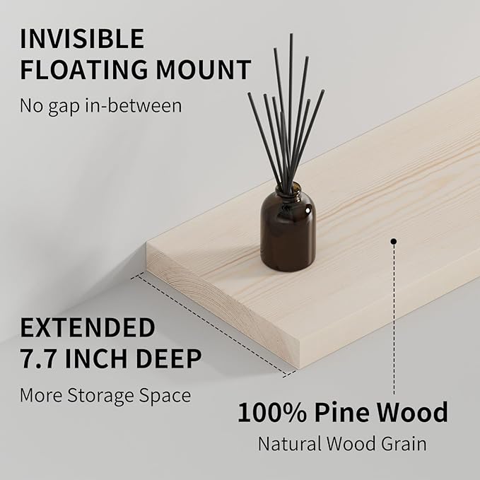 SAUMONIERES Floating Shelves 8 Inch Deep Solid Wood Wide Wall Shelf Set of 2 Wall Mounted for Bedroom Bathroom Living Room Kitchen, 36 Inch Natural