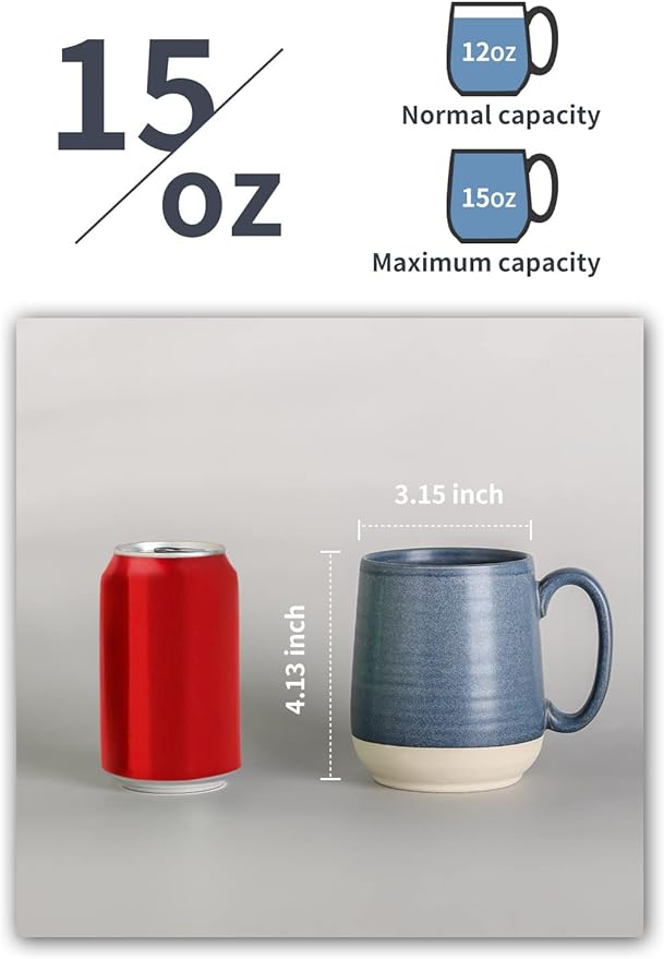 Hasense Porcelain Coffee Mugs Set of 6, 15 Ounce Large Ceramic Coffee Cups Set with Handle for Latte, Tea, Cocoa and Hot Chocolate, Dark Blue Coffee Mugs for Men and Women, Microwave Safe