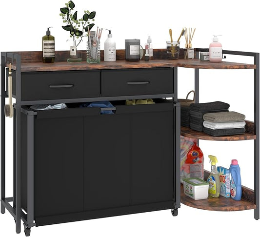 L Shaped Laundry Hamper Laundry Basket with 3 Section Pull-Out Rolling Bags & 3-Tier Storage Shelf, Laundry Sorter for Organization and Storage with 2 Drawers for Laundry Room