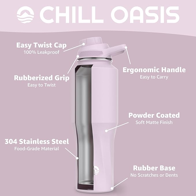 Chill Oasis Water Bottle | Compatible With Popular Flavor Cartridges | BPA Free, Leak Proof, Double-Walled Vacuum Insulated Stainless Steel, and Dishwasher Safe | Cold for 24 Hours (Lavender, 32oz)