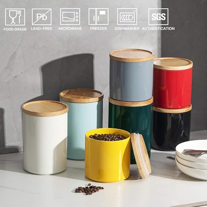 Sweejar Kitchen Canisters Ceramic Food Storage Jar Set, Stackable Containers with Airtight Seal Wooden Lid for Serving Ground Coffee, Tea, Herbs, Grains, Sugar, Salt - Set of 4(Gray)