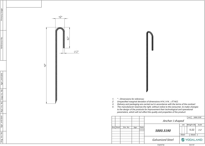 Vodaland Rebar Stakes J Hook Extra Heavy Duty 1/4 inch Coated Steel Ground Anchors with Chisel Point End (100)