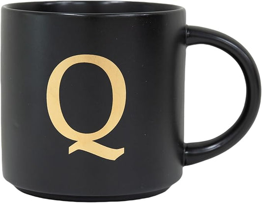 COLLECTIVE HOME - Monogram Ceramic Mugs, 15 oz Golden Initial Black Coffee Cups, Elegant Alphabet Tea Mugs, Elegant Personalized Mug with Gift Box, Unique Mug with Double Side Capital Lette (Q)