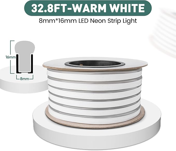 GZBtech Flexible LED Neon Rope Lights 33FT,AC 110-120V Waterproof Strip Light, 120 LEDs/M Cuttable Connectable Neon Lighting for Indoor Outdoor Home Decor/Commercial Building Use-Warm White 10M