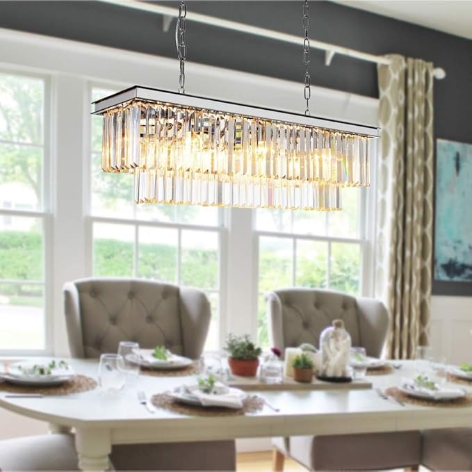 L39.4 Chrome Rectangle Modern Crystal Chandeliers Lighting Rectangular Pendant Ceiling Lights Fixture Lamp for Dining Living Room