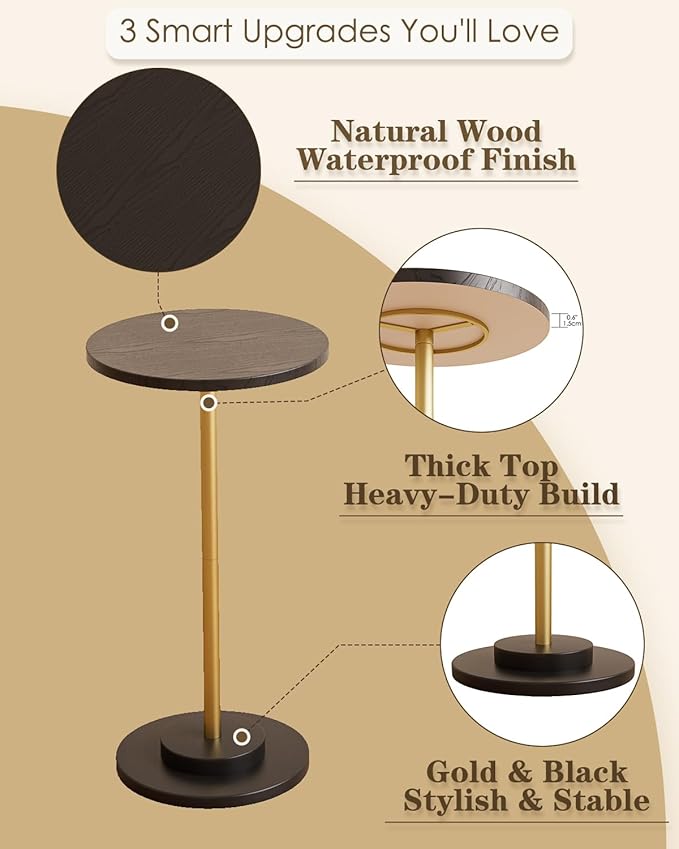 Masupu Drink Table, Round Side Table for Small Spaces, Pedestal Side Table, Small End Table with Metal Base, for Living Room, Bedroom, Bathroom, Black Gold