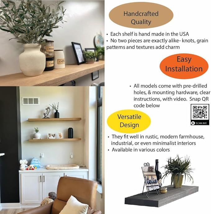 joelsantiques - 18 Inch Wooden Floating Shelves for Wall - 18x6x2 in - Made of Natural Wood - Short Heavy Duty Rustic Wall Shelves for Bedroom - Perfect for Bathroom, Kitchen - Natural