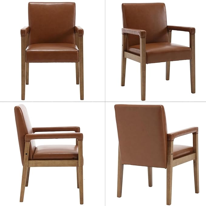 Kmax Modern Dining Chairs Set of 4 Faux Leather Kitchen Arm Chairs Upholstered Accent Chairs with Wooden Legs for Dining Room, Living Room, Bedroom, Brown