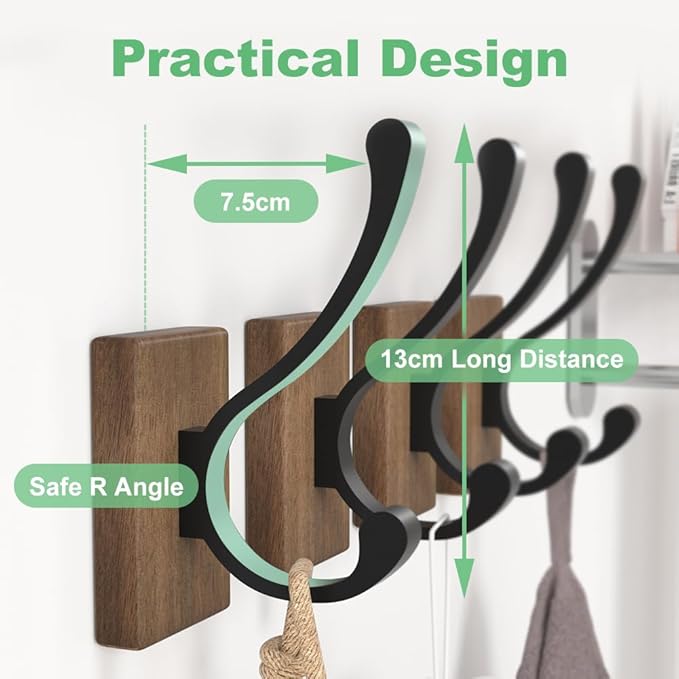Wood Wall Hooks for Hanging - 4 Pack Hooks Wall Mounted, Wooden Rustic Farmhouse Heavy Duty Towel Hooks, Hooks for Coats, Towel, Hat, Keys, Purse, Bag and Robe