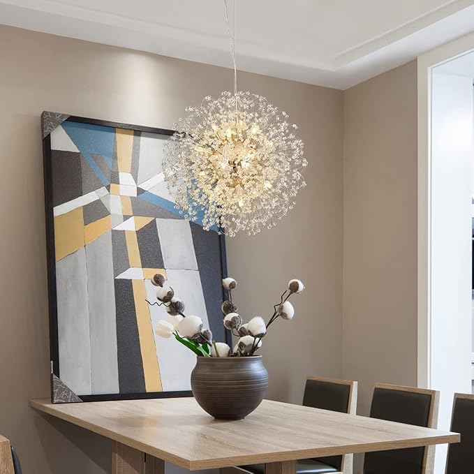 Modern Crystal Chandelier, Sputnik Dandelion High Ceiling Hanging Lamp, Large Beaded Gold Pendant Light for Living Room Dining Room Kitchen Island Bedroom (Gold 16Lights)