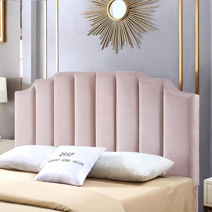 24KF Pink Velvet Tufted Queen Upholstered Headboard, Modern Vertical Channel Design California Queen/Full Headboard with Stepped Silhouette Top Edge, Pink