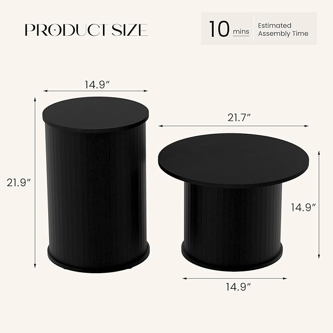 Set of 2 Round Nesting Coffee Tables for Living Room, Fluted Circle Black Wood Coffee and End Table Sets for Apartment, Small Spaces, Bedroom, Modern Style, Easy Assembly & Maintenance