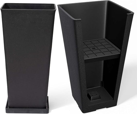 LA JOLIE MUSE 26 inch Tall Black Planters for Outdoor Plants,Set of 2 Tapered Planters with Trays,V-Shape Rectangular Garden Planters for Front Door, Patio and Deck