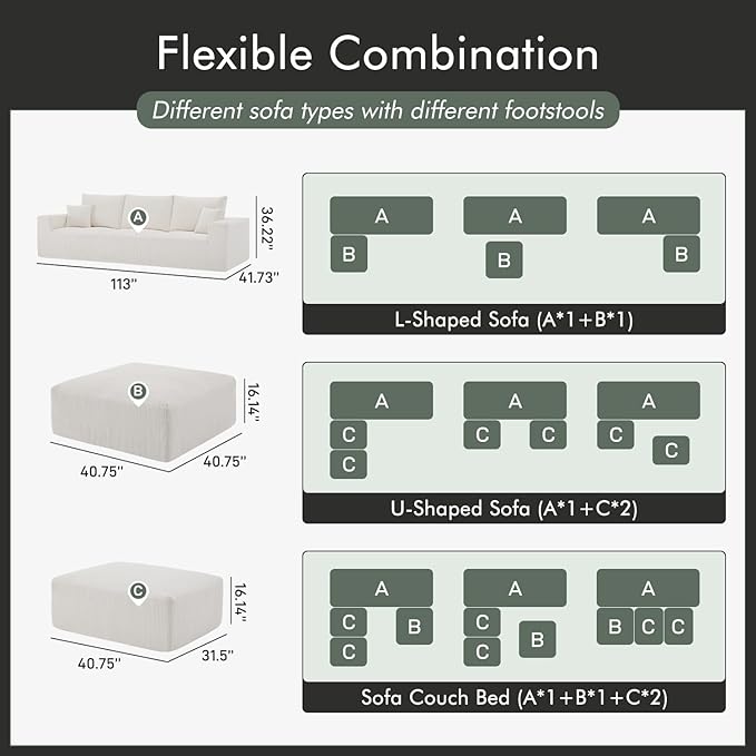 Boneless Sectional Cloud Couch Sofa for Living Room, 112" L-Shaped Modular Modern Lounge Sleeper Beige Couches with Chaise, No Assemble, Cordury Compression Upholstered Sofas
