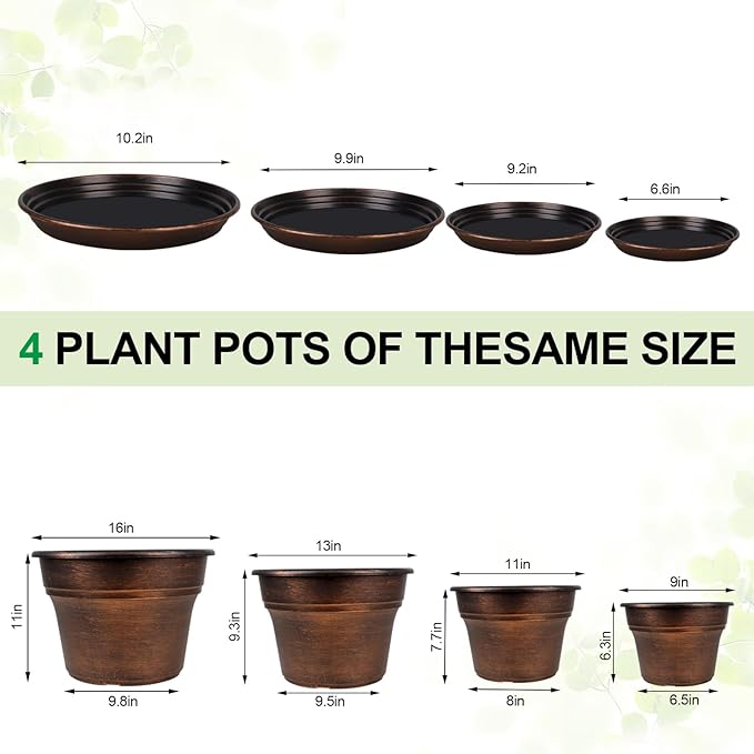 Plant Planters Pots Set of 4 Pack 16 Inch，Large Plastic Flower Pot for Indoor Plants with Drainage Holes & Trays, Resin Decorative Container Sets with Saucer for House Outdoor Garden Plant Copper