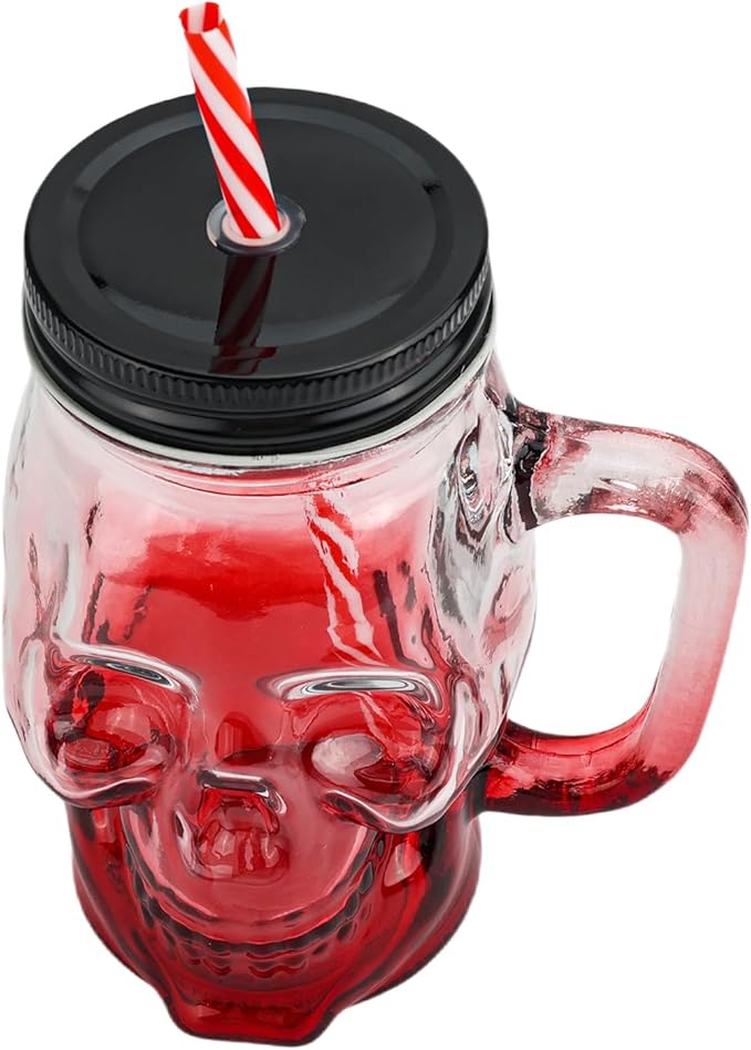 Halloween Cups Set of 4 - Skull Mason Jar with Lids Straws and Handle - Colorful Drinking Glasses for Halloween Party Bar Decor, 16 oz