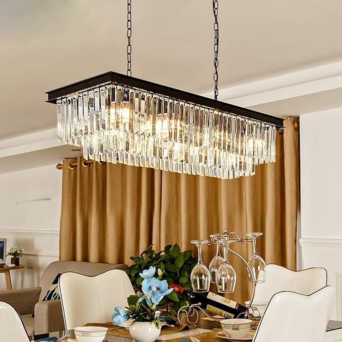 Modern K9 Crystal Chandelier Pendant Light Fixture, Rectangular Ceiling Lamp with 8-Lights for Dining Room & Kitchen, Finished in Chrome, L33.5 Inch