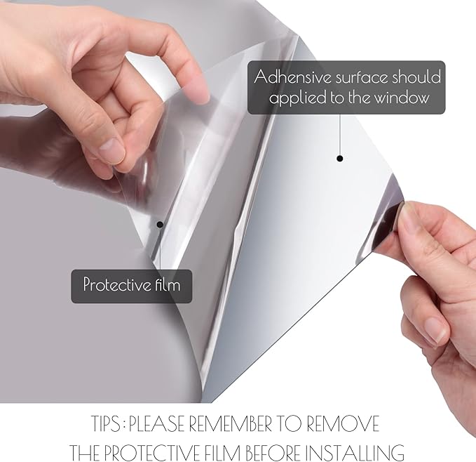 HIDBEA One Way Privacy Window Film, Daytime Mirror Reflective Heat Control UV Sun Blocking Non-Adhesive Static Cling Window Tint for Home and Office(Black-Silver, 55.1 Inch x 32.8 Feet)