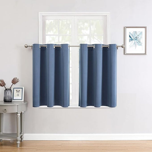 ChrisDowa Small Window Curtains for Kitchen and Bedroom - Grommet Short Thermal Insulated Room Darkening Curtains (2 Panels, Stone Blue, 52 x 36 Inch)