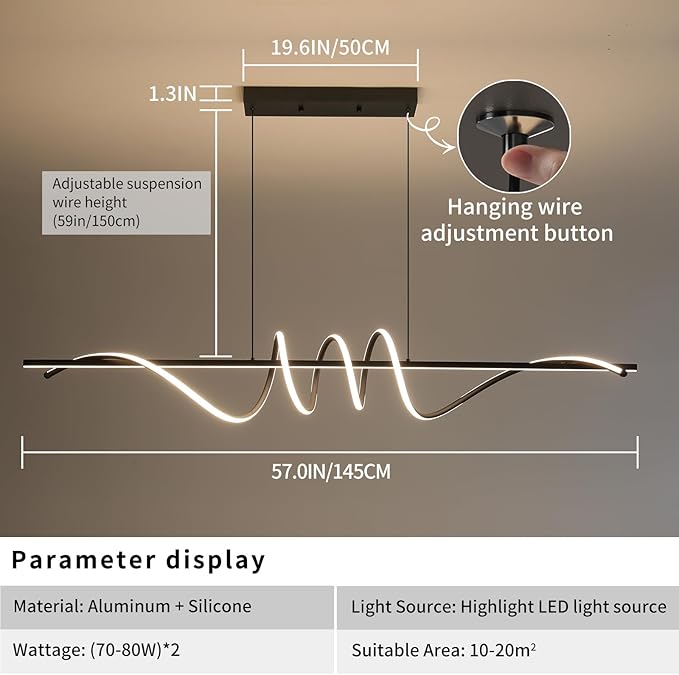 Modern Ceiling Chandelier Light, Acrylic Anti Flicker Pendant Lamp with Remote Control Dimmable 3 Color Mode & Brightness (Warm Cool Neutral Light) for Kitchen Bar（Black,57IN