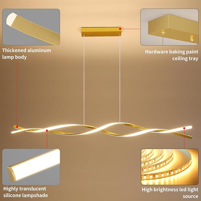 Modern Ceiling Pendant Light, with Remote Control Dimmable 3 Color Mode & Brightness Ceiling Lamp, Anti-Flicker Dining Light Fixture for Kitchen, Dining Room (Gold, 59IN)